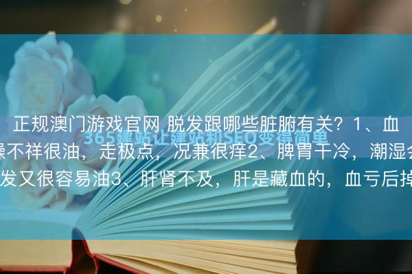 正规澳门游戏官网 脱发跟哪些脏腑有关？1、血热变成的，头皮会很干燥不祥很油，走极点，况兼很痒2、脾胃干冷，潮湿会扼制气血运转，头发又很容易油3、肝肾不及，肝是藏血的，<a href=